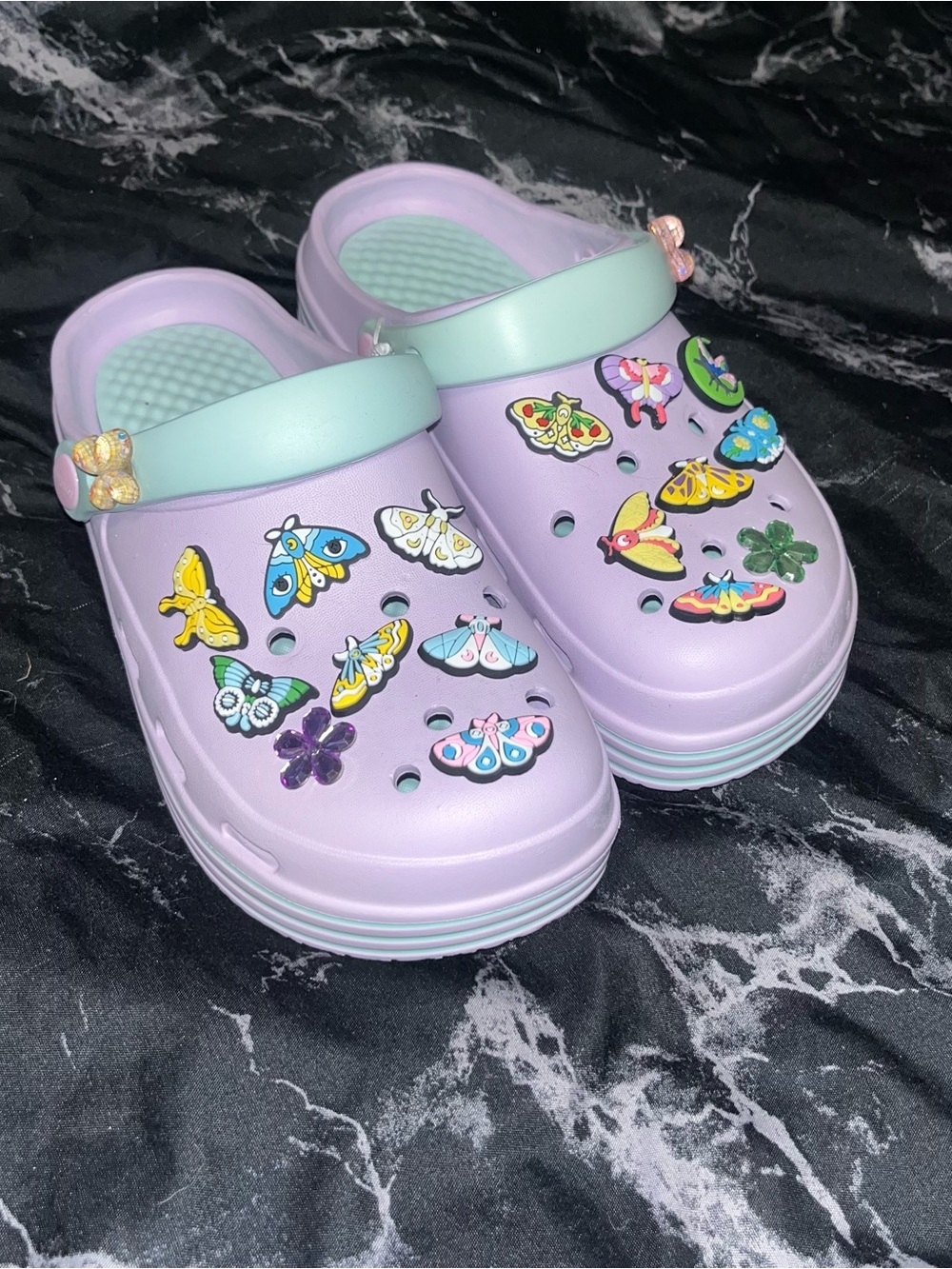 Lavender Butterfly croc style Clog with  Mint Strap NWOT m5 w7